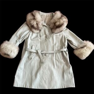 Vintage 50’s-60’s Dove Gray Leather Coat with Rabbit Fur Collar and Sleeves